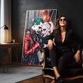 Quadro Decorativo Coringa e Arlequina Colorido: Arte Moderna em Tela Premium - quadros decorativos 1 Tela Vertical, 3 Telas - em sala moderna
