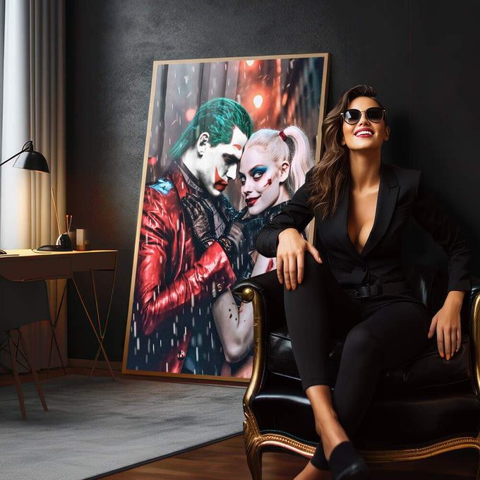Quadro Decorativo Coringa e Arlequina Colorido: Arte Moderna em Tela Premium - quadros decorativos 1 Tela Vertical, 3 Telas - em sala moderna