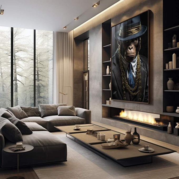 Quadro Decorativo Macaco Gangster - Arte Exclusiva para Transformar sua Decoração - quadros decorativos 1 Tela Vertical, 3 Telas - em sala moderna