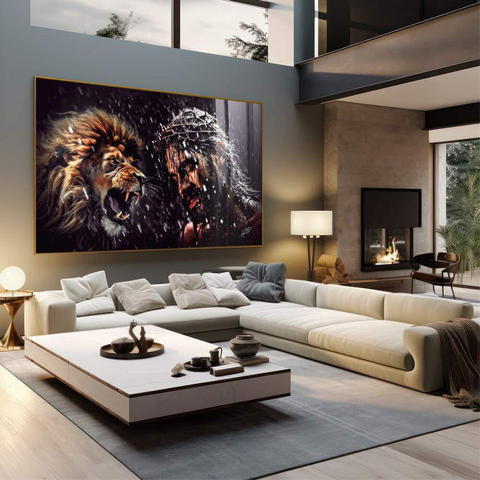 Quadro Decorativo Leão de Judá Rugindo - quadros decorativos 1 Tela, 1 Tela Horizontal - em sala moderna