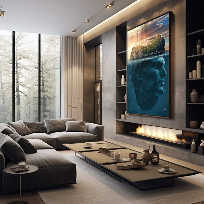 Quadro Decorativo Ilha com Cabeça - Estilo Sofisticado para Ambientes Modernos - quadros decorativos 1 Tela Vertical, 3 Telas - em sala moderna