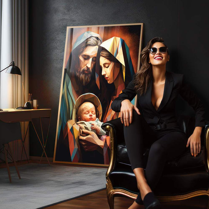 Quadro Decorativo Moderno Família Santa Geométrico - Design Sofisticado para sua Casa - quadros decorativos 1 Tela Vertical, 3 Telas - em sala moderna