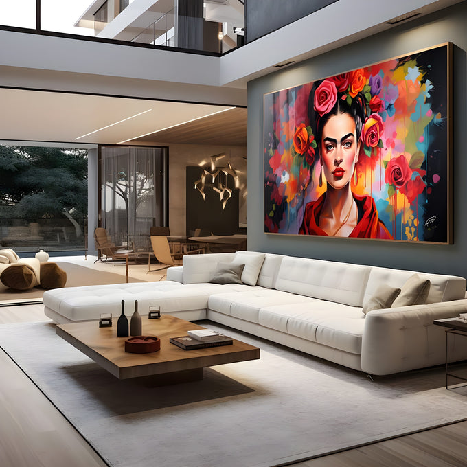 Retrato de Frida Kahlo com rosas no cabelo, blusa vermelha e fundo de manchas coloridas, quadro decorativo