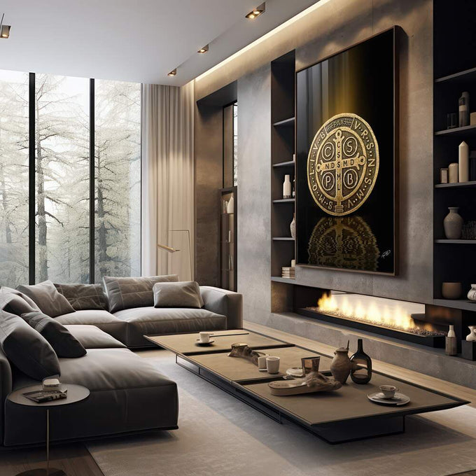 Quadro Decorativo Medalha de São Bento - Elegância e Tradição em Tecido Canvas - quadros decorativos 1 Tela Vertical, 3 Telas - em sala moderna