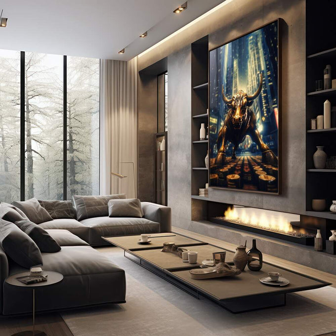 Quadro Decorativo Touro Financeiro - Arte Moderna para Inspiração e Sofisticação - quadros decorativos 1 Tela Vertical, 3 Telas - em sala moderna
