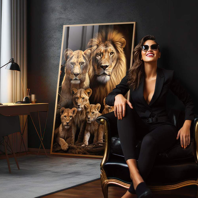 Quadro Decorativo Família de Leão com 4 Filhotes - Arte Sofisticada para Seu Lar - quadros decorativos 1 Tela Vertical, 3 Telas - em sala moderna