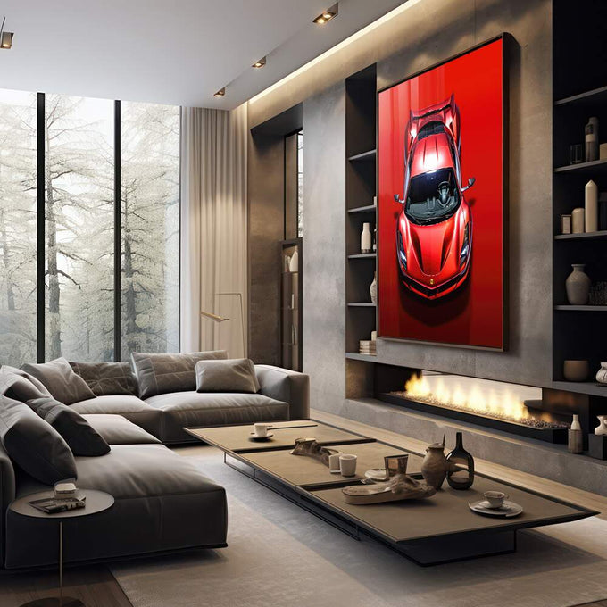 Quadro Decorativo Carro Ferrari F8 - Elegância e Estilo para sua Casa - quadros decorativos 1 Tela Vertical, 3 Telas - em sala moderna