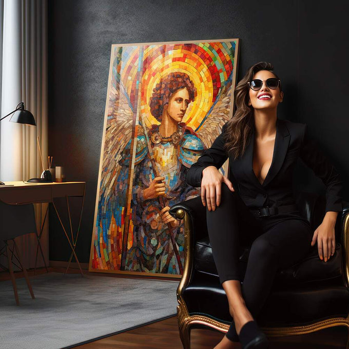 Quadro Decorativo Arcanjo Rafael - Sofisticação e Estilo para sua Casa - quadros decorativos 1 Tela Vertical, 3 Telas - em sala moderna