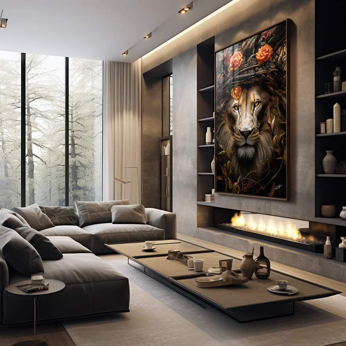 Quadro Decorativo Leão Real com Coroa e Flores - quadros decorativos 1 Tela Vertical, 3 Telas - em sala moderna