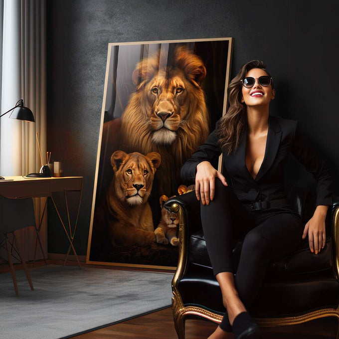 Quadro Decorativo Família de Leão com 2 Filhotes - Sofisticação e Estilo para Sua Decoração - quadros decorativos para sala 1 Tela Vertical, 3 Telas - em living room premium