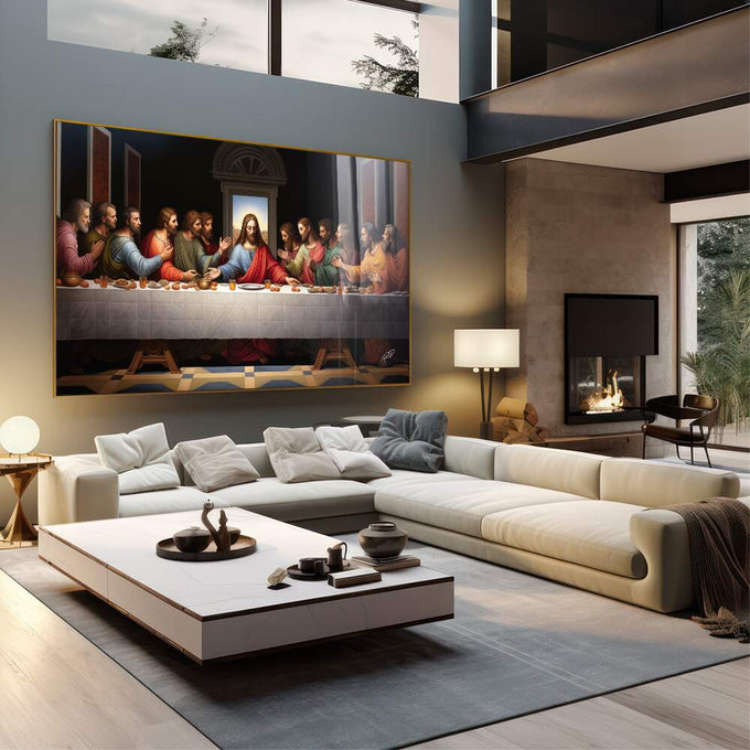 Quadro Decorativo Santa Ceia 4 - Arte Clássica para Sua Decoração - quadros decorativos 1 Tela, 1 Tela Horizontal - em sala moderna
