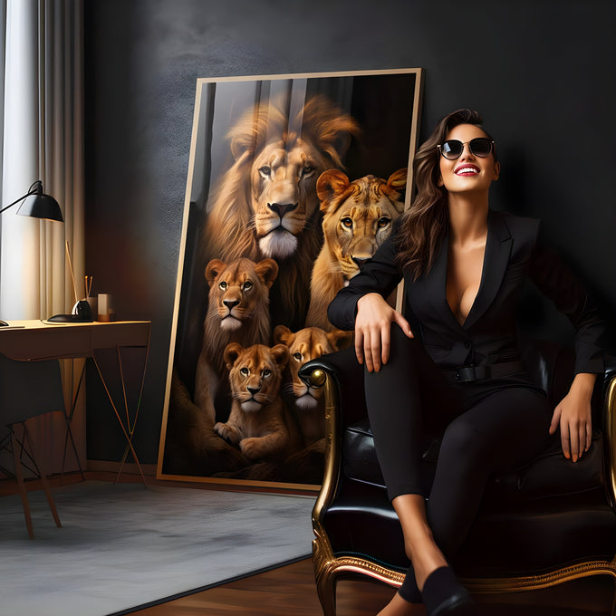 Leão, leoa e três filhotes dourados sobre fundo preto em retrato de família, quadro decorativo