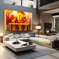 Santa Ceia em estilo geométrico com Jesus e apóstolos em vermelho, laranja e amarelo, quadro decorativo