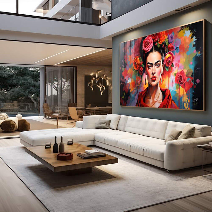 Quadro Decorativo Frida 03 - Elegância e Estilo em Tecido Canvas Premium - quadros decorativos 1 Tela, 1 Tela Horizontal - em sala moderna