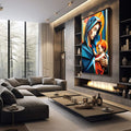 Quadro Decorativo Geométrico Maria e Jesus - Elegância e Sofisticação para Sua Decoração - quadros decorativos 1 Tela Vertical, 3 Telas - em sala moderna