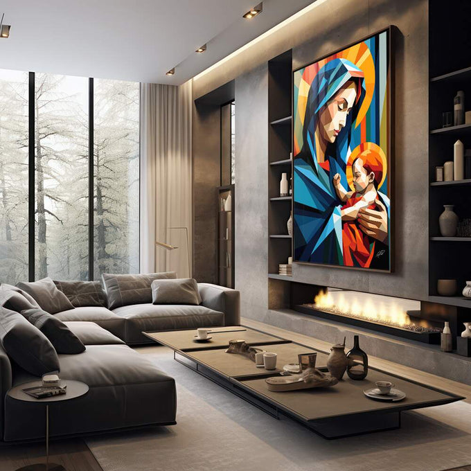 Quadro Decorativo Geométrico Maria e Jesus - Elegância e Sofisticação para Sua Decoração - quadros decorativos 1 Tela Vertical, 3 Telas - em sala moderna