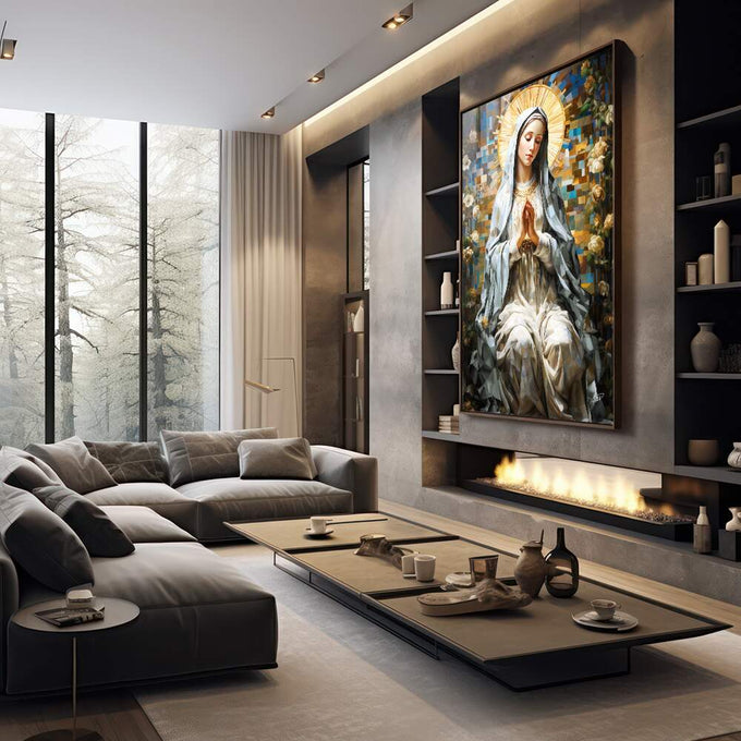 Quadro Decorativo Nossa Senhora de Fátima - quadros decorativos 1 Tela Vertical, 3 Telas - em sala moderna