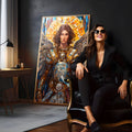 Arcanjo Miguel com auréola dourada, asas, armadura e espada em estilo mosaico colorido, quadro decorativo