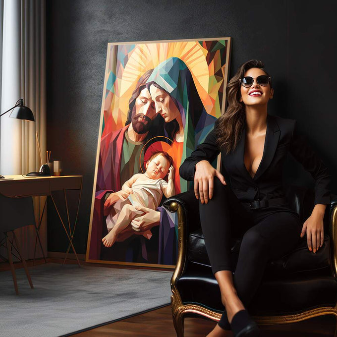 Quadro Decorativo Família Divina Geométrico - Estilo Sofisticado para Sua Casa - quadros decorativos 1 Tela Vertical, 3 Telas - em escritorio elegante