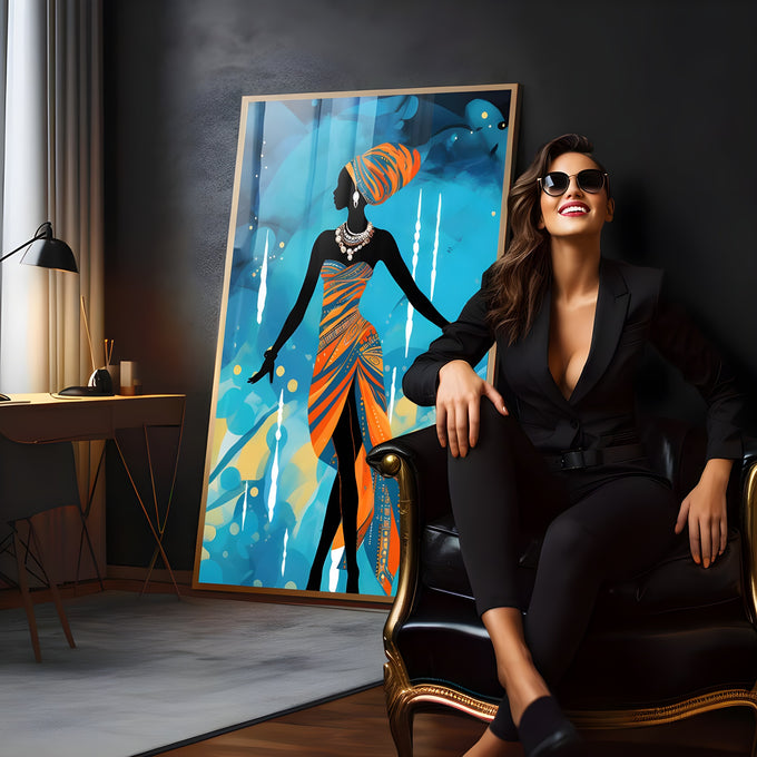 Silhueta de mulher negra africana com turbante e vestido estampado laranja em fundo azul, quadro decorativo
