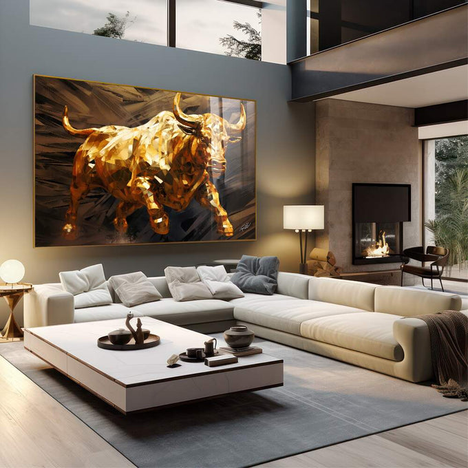 Quadro Decorativo Touro de Wall Street Dourado - Elegância e Prosperidade para Sua Decoração - quadros decorativos 1 Tela, 1 Tela Horizontal - em sala moderna