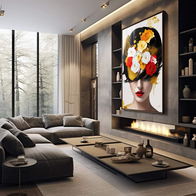 Quadro Decorativo Flower Head - Elegância e Natureza para sua Casa - quadros decorativos 1 Tela Vertical, 3 Telas - em sala moderna