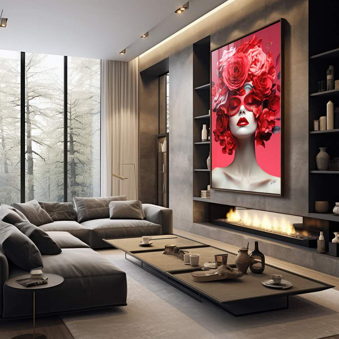 Quadro Decorativo Mulher com Flores - quadros decorativos 1 Tela Vertical, 3 Telas - em sala moderna