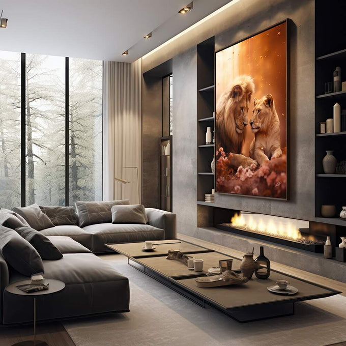 Quadro Decorativo Casal de Leões - Arte Sofisticada para sua Casa - quadros decorativos 1 Tela Vertical, 3 Telas - em sala moderna