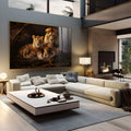 Leão, leoa e três filhotes deitados sobre tronco em floresta escura, tons dourados, quadro decorativo