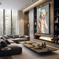 Quadro Decorativo Mulher com Cabeça de Flores - Elegância e Sofisticação para Seu Ambiente - quadros decorativos 1 Tela Vertical, 3 Telas - em sala moderna