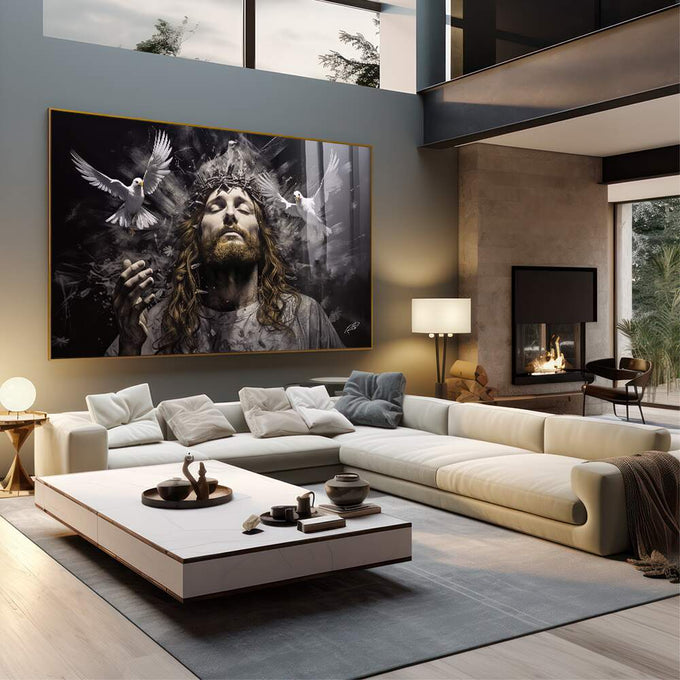 Quadro Decorativo Jesus - Elegância e Espiritualidade em Tecido Canvas Dourado - quadros decorativos 1 Tela, 1 Tela Horizontal - em sala moderna