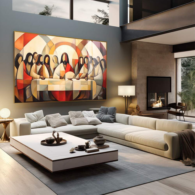 Quadro Decorativo Santa Ceia 3 - Arte em Canvas para Ambientes Sofisticados - quadros decorativos 1 Tela, 1 Tela Horizontal - em sala moderna