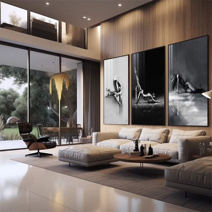 Quadro Decorativo Trio Girls Abstrato - Estilo Moderno e Elegante para Sua Decoração - quadros decorativos 1 Tela Vertical, 3 Telas - em sala moderna