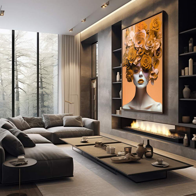 Quadro Decorativo Elegante Mulher com Flores - Toque Sofisticado para Sua Decoração - quadros decorativos 1 Tela Vertical, 3 Telas - em sala moderna