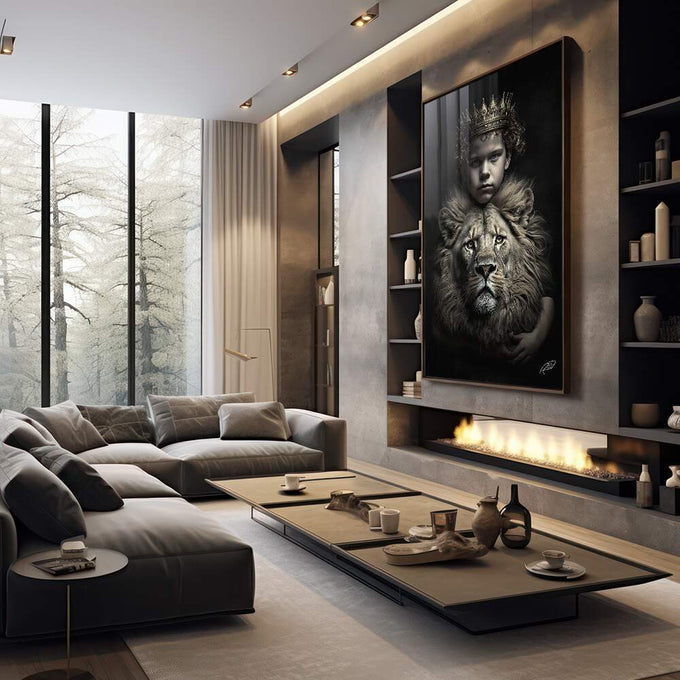 Quadro Decorativo Premium Boy Crown com Leão - Elevando sua Decoração - quadros decorativos 1 Tela Vertical, 3 Telas - em sala moderna