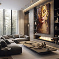 Quadro Decorativo Golden Face - Elegância e Sofisticação para sua Decoração - quadros decorativos 1 Tela Vertical, 3 Telas - em sala moderna