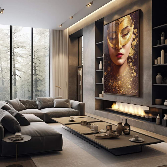 Quadro Decorativo Golden Face - Elegância e Sofisticação para sua Decoração - quadros decorativos 1 Tela Vertical, 3 Telas - em sala moderna