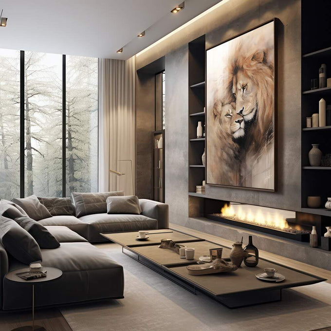 Quadro Decorativo Leões em Harmonia - Arte para Sala e Quarto - quadros decorativos 1 Tela Vertical, 3 Telas - em sala moderna