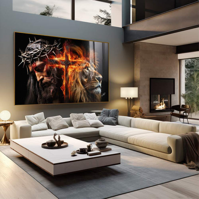 Quadro Decorativo Família de Judá: Cruz em Chamas - Arte com Significado e Estilo - quadros decorativos 1 Tela, 1 Tela Horizontal - em sala moderna