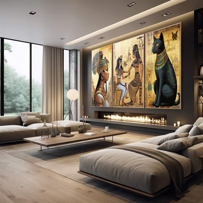 Quadro Decorativo Mitologia Egípcia - Arte e Elegância para Sua Parede - quadros decorativos 1 Tela Vertical, 3 Telas - em sala moderna