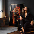 Quadro Decorativo A Fúria do Tigre - Arte Vibrante para Ambientes Eletrizantes - quadros decorativos 1 Tela Vertical, 3 Telas - em sala moderna
