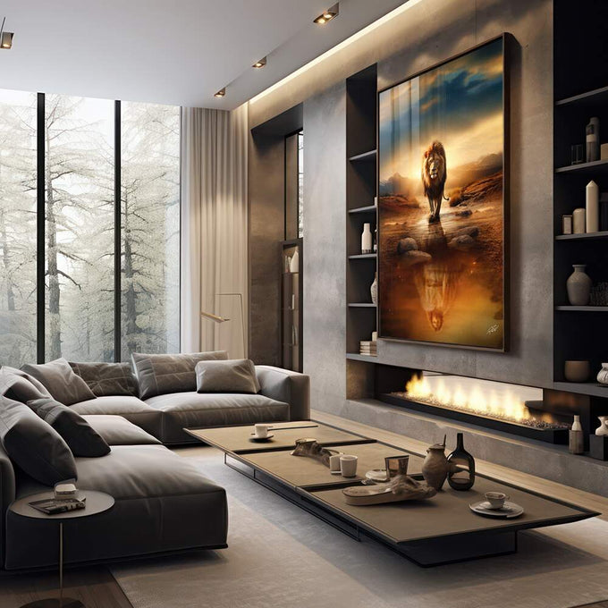 Quadro Decorativo Leão e Jesus - Sofisticação e Inspiração para Sua Decoração - quadros decorativos 1 Tela Vertical, 3 Telas - em sala moderna