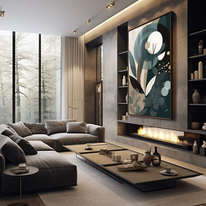 Quadro Decorativo Folhas Tropicais Modernas - Sofisticação e Natureza para seu Ambiente - quadros decorativos 1 Tela Vertical, 3 Telas - em sala moderna