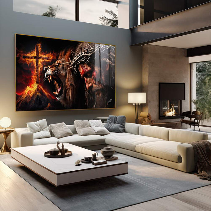 Quadro Decorativo Leão de Judá e Cristo - quadros decorativos 1 Tela, 1 Tela Horizontal - em sala moderna