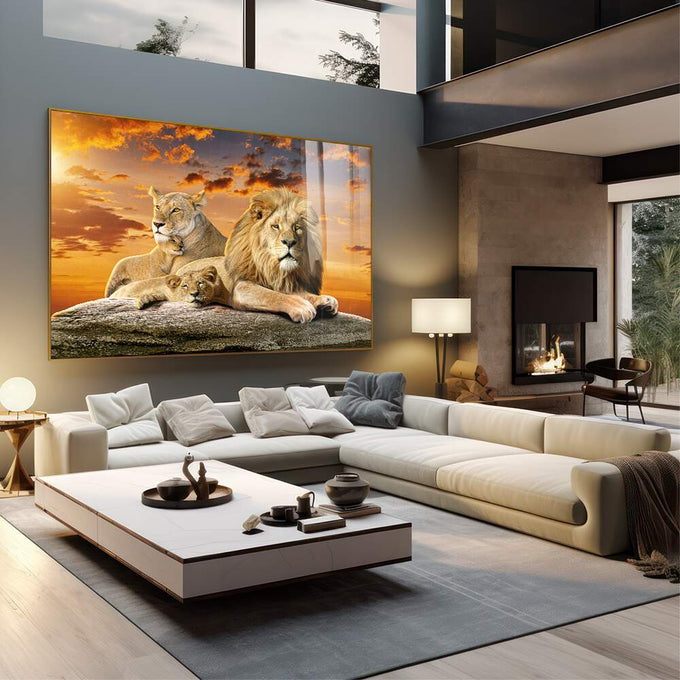 Quadro Decorativo Sofisticado: Família de Leões com Filhotes - quadros decorativos 1 Tela, 1 Tela Horizontal - em sala moderna