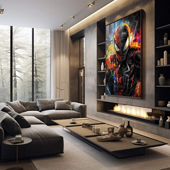 Quadro Decorativo Aranha e Veneno - Duelo Moderno para sua Decoração - quadros decorativos 1 Tela Vertical, 3 Telas - em sala moderna