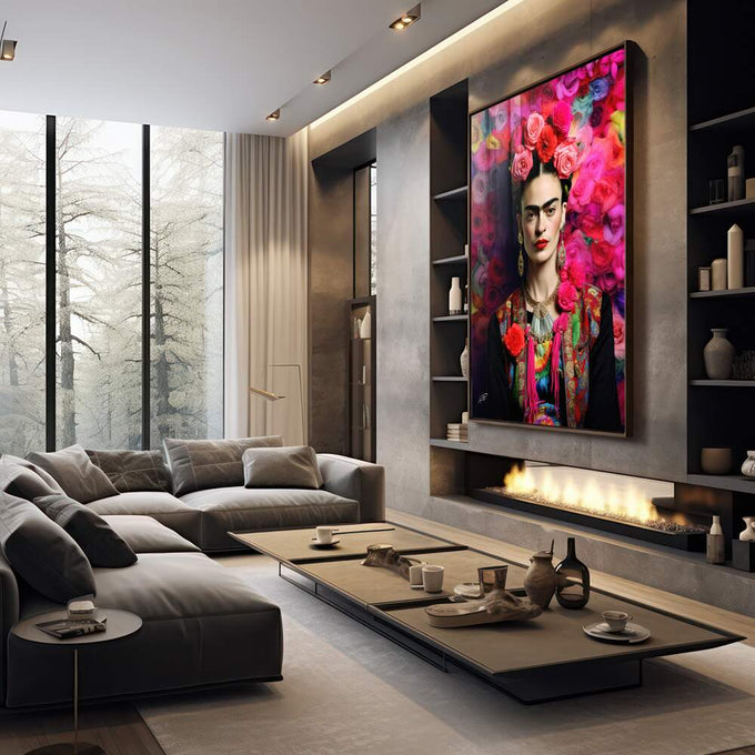 Quadro Decorativo Frida 02 - Estilo Vibrante em Tecido Canvas - quadros decorativos 1 Tela Vertical, 3 Telas - em sala moderna