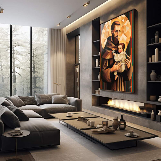 Quadro Decorativo Santo Antônio Geométrico - Sofisticação e Estilo para Seu Ambiente - quadros decorativos 1 Tela Vertical, 3 Telas - em sala moderna