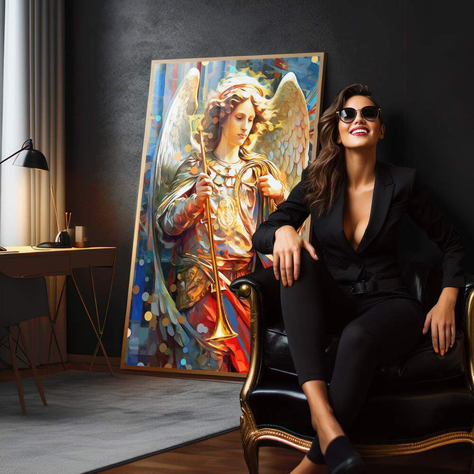 Quadro Decorativo Arcanjo Gabriel - Elegância em Tecido Canvas para a Sua Casa - quadros decorativos 1 Tela Vertical, 3 Telas - em sala moderna