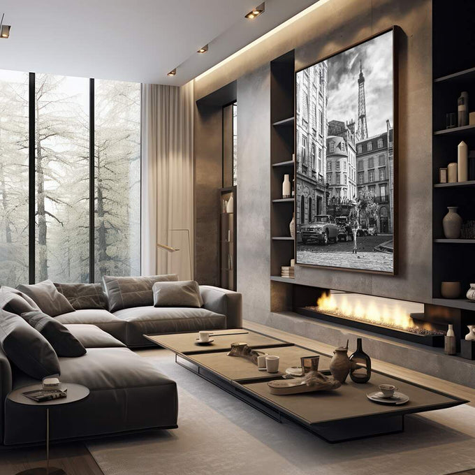 Quadro Decorativo Girl on the Street - Torre Eiffel em P&B - quadros decorativos 1 Tela Vertical, 3 Telas - em sala moderna